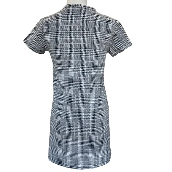 Zara Black and White Plaid Sheath Dress Short Sleeve Crew Neck Sequin Flowers - Picture 6 of 13